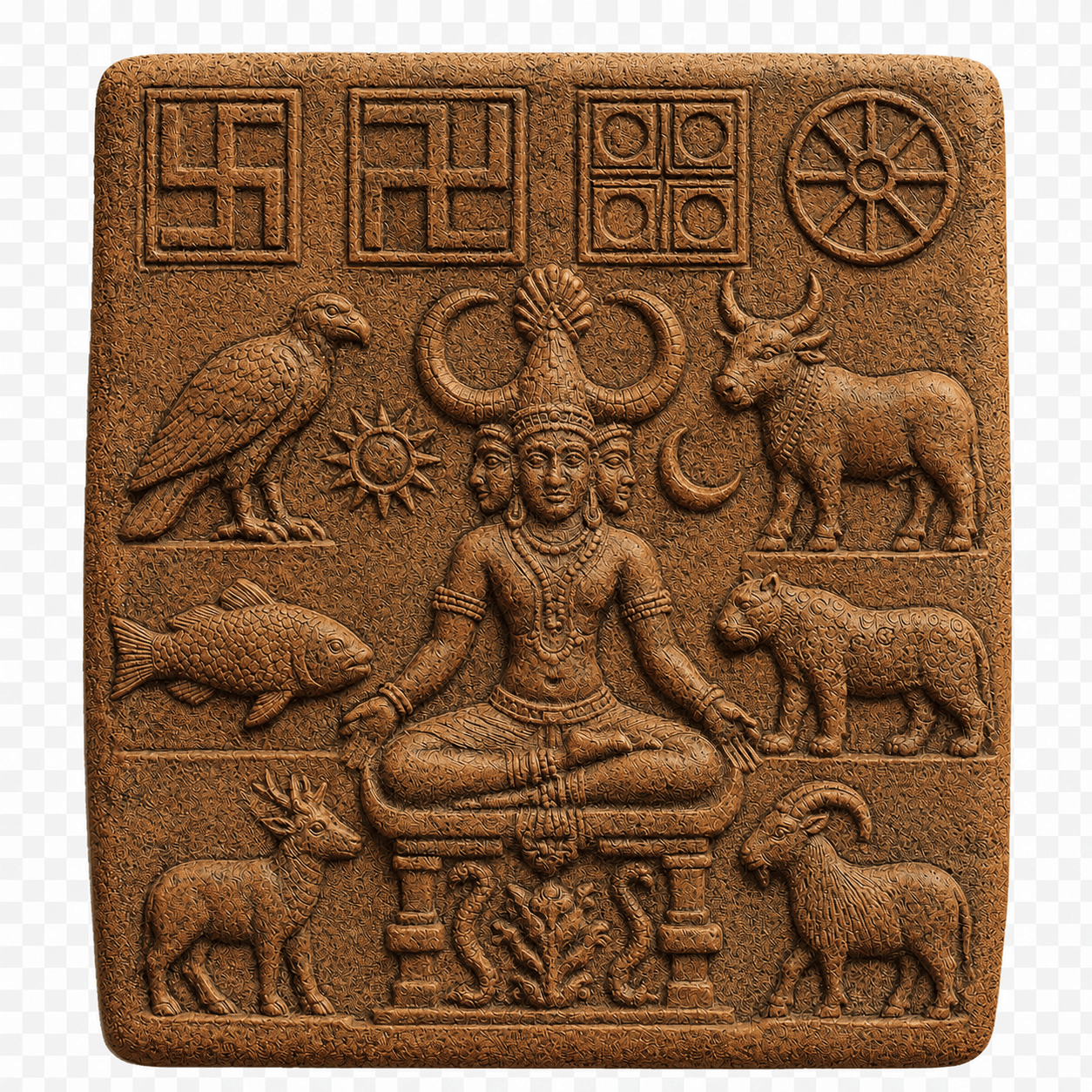 Sacred relief of Būṇa Kalā showing a central three-faced figure with beings of earth, water, and sky
