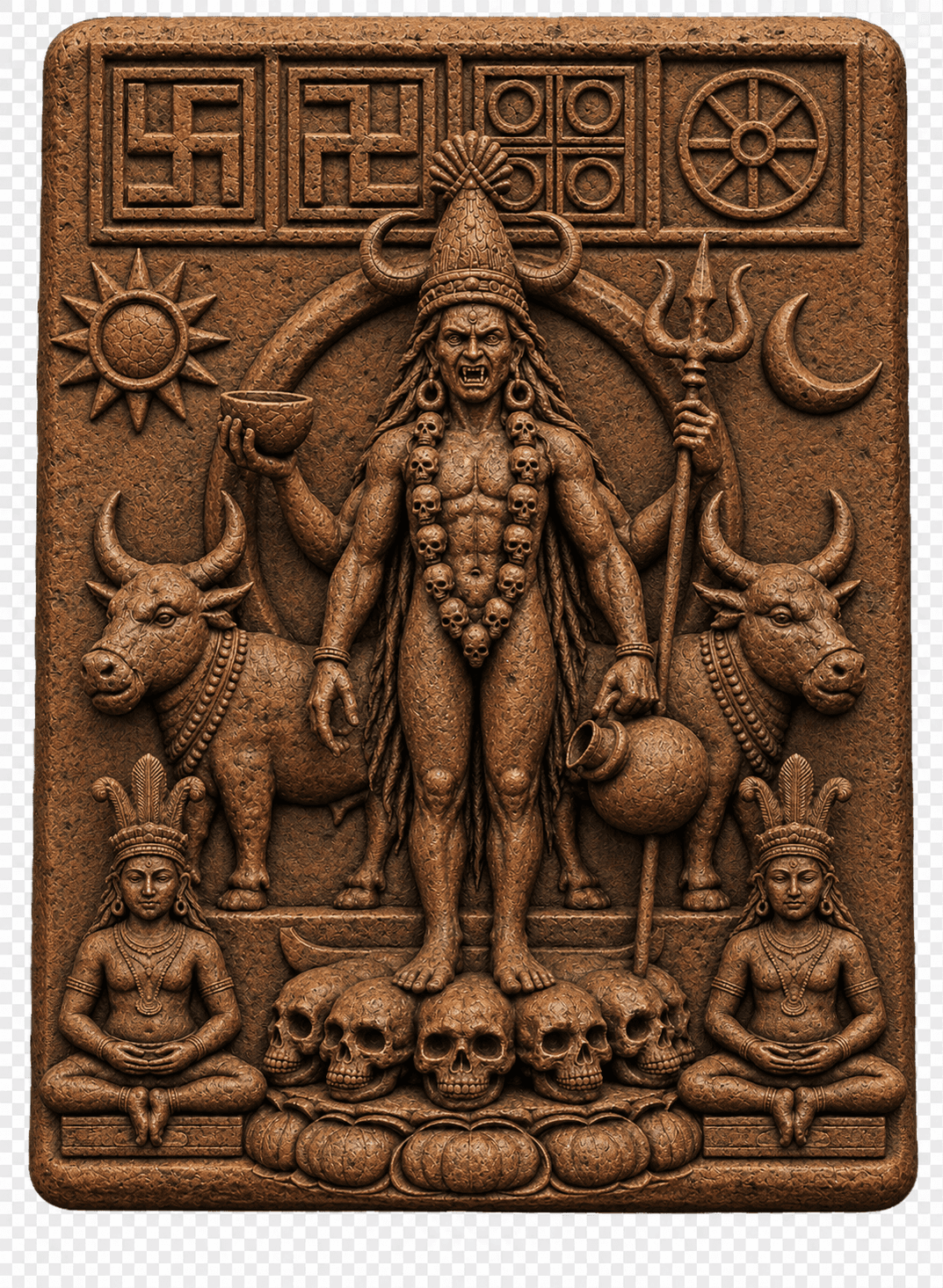 Rustic brown clay sacred relief representing Ko, Po, Kho, and Jā, with four ancient marks above a central deity
