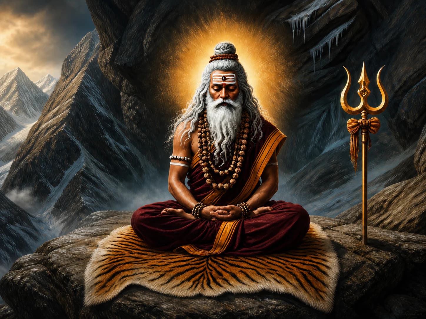 Mahasiddha Agnivritta Nath meditating before a golden halo