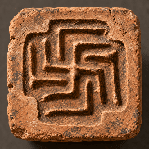Aathbato Deu: a square clay tile with a svastika inside a svastika, eight ridges winding toward the centre
