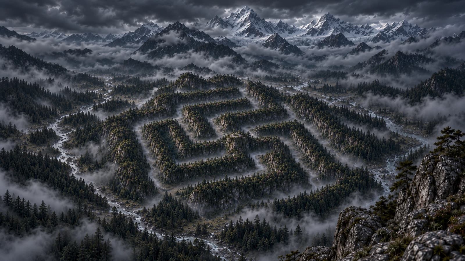 A labyrinth of forested ridges in the shape of the mark, in a valley among snow mountains under storm clouds, seen from a rocky height