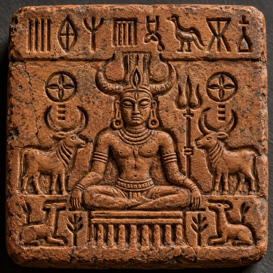 Ishanak Deu clay seal showing a seated deity flanked by bulls, a trident, and sacred symbols